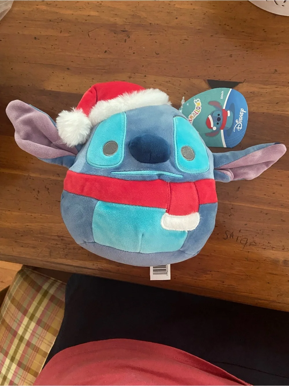 Disney Squishmallow Blue Stitch Plush with Red Santa Hat and Scarf